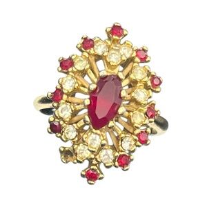 18k HGE gold electroplate red & clear rhinestone gold tone cocktail ring size 6